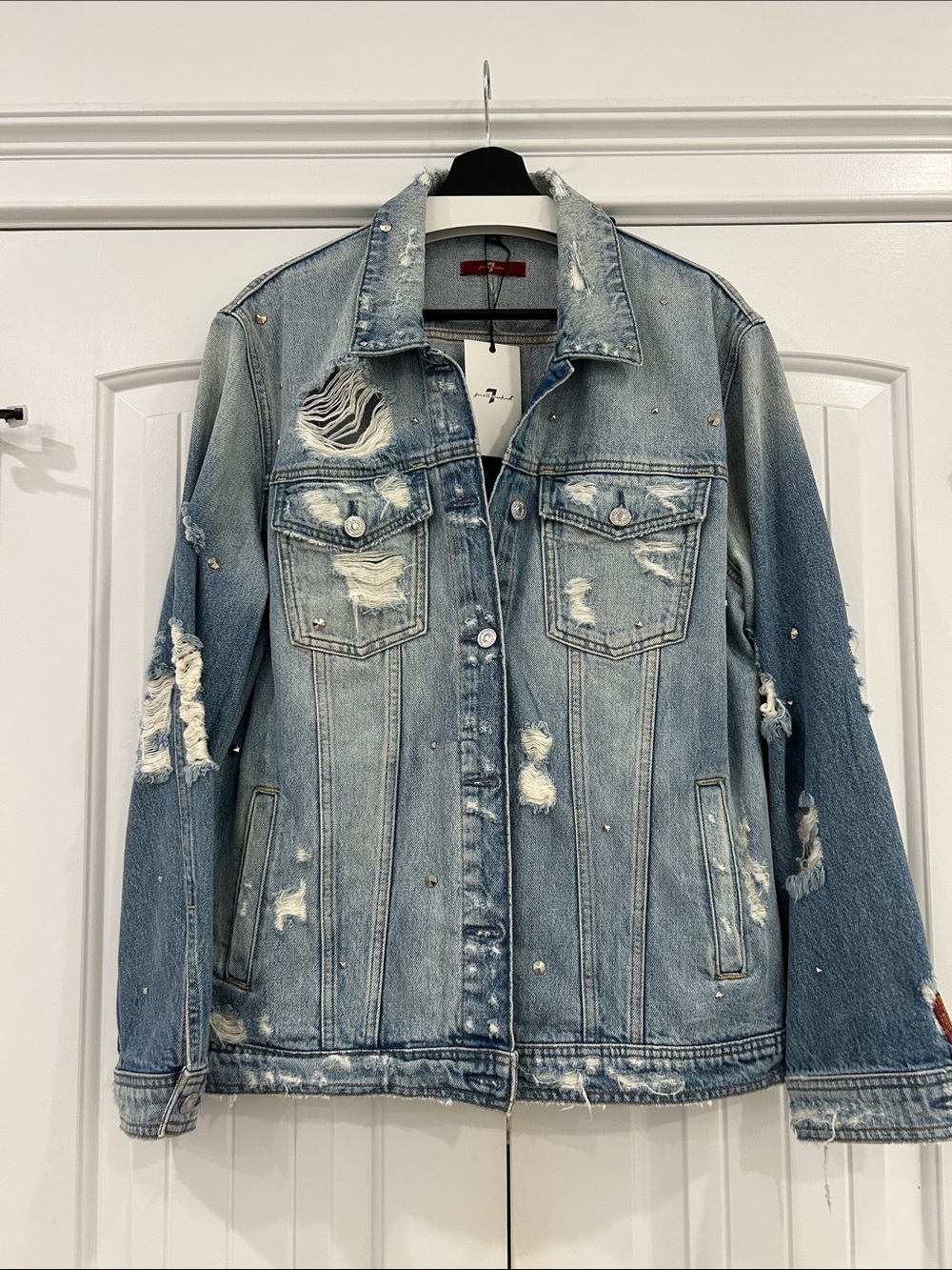 NWT! 7 For All Mankind Oversized Distressed Denim Jacket With All Over Studs! M! - Picture 2 of 16